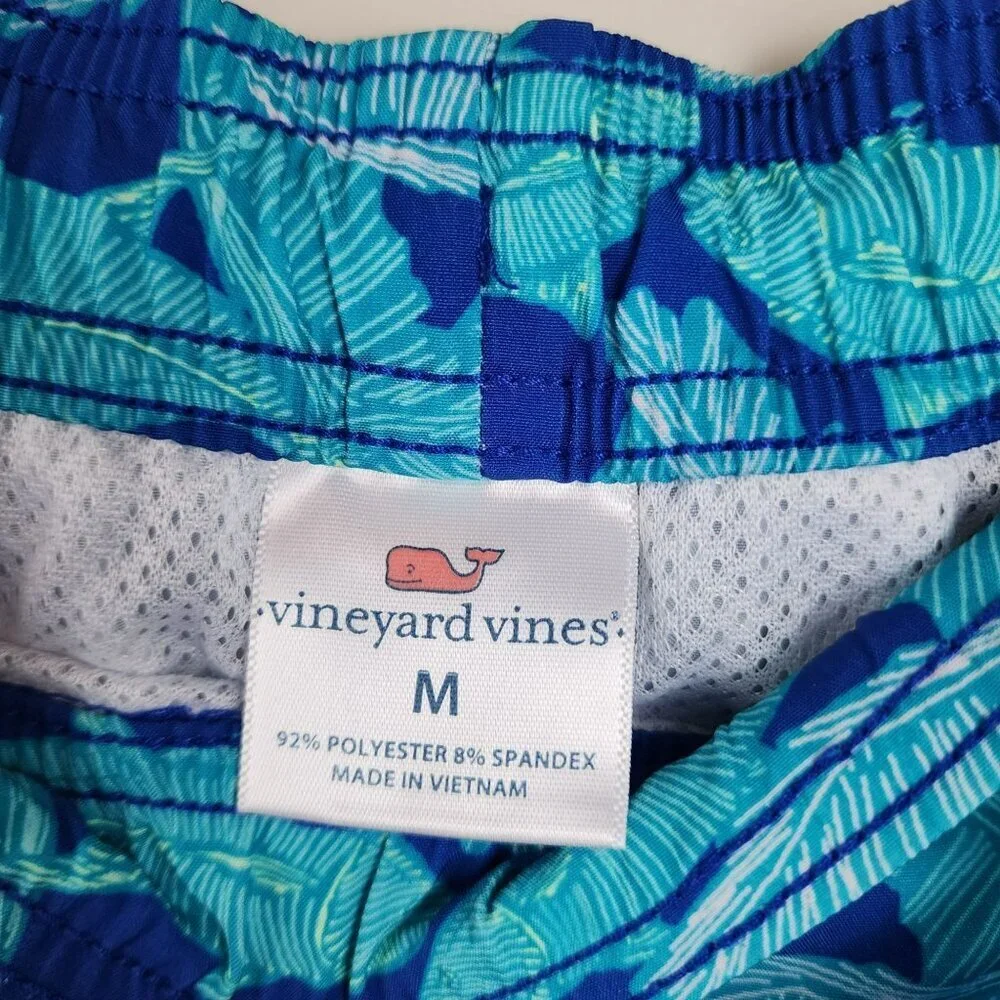 Vineyard Vines Boy M Blue Tropical Leaf Swim Trunks  Elastic Waist Drawstring